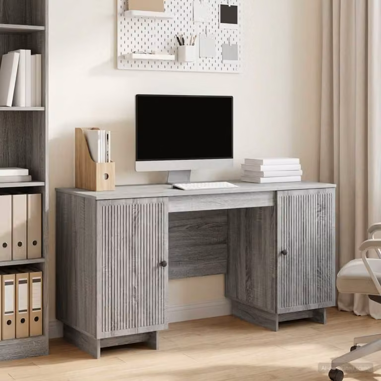 Scrivania moderna vidaXL in legno ingegnerizzato grigio, L: 142,5 cm, P: 50 cm, H: 75 cm