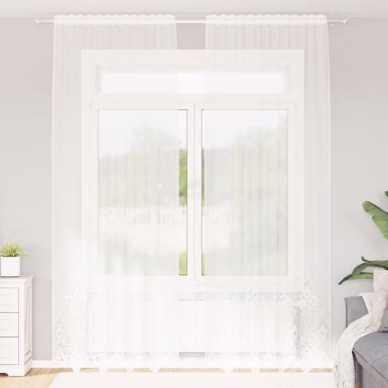 Tenda in pizzo bianca vidaXL con motivo floreale in poliestere, L: 300 cm, H: 150 cm