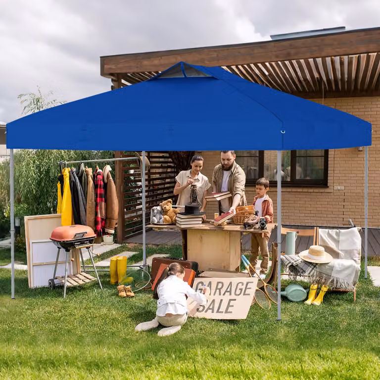 Gazebo pieghevole pop-up Costway per patio all'aperto con blocco centrale, Blu, L/P: 295 x 295 cm, H: 275 cm