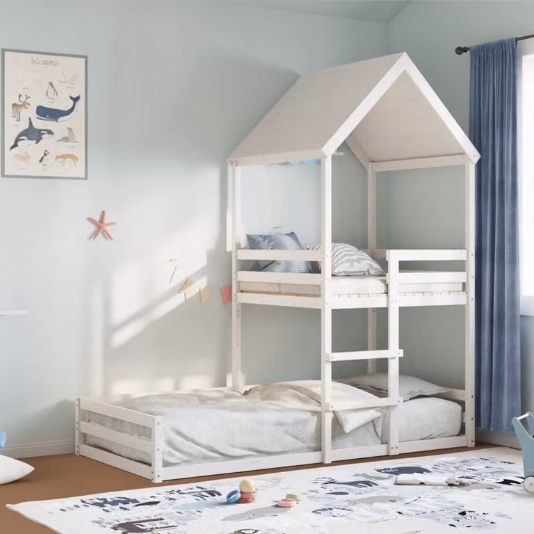 vidaXL Letto a Castello per Bambini con Struttura a Casetta in Legno di Pino Bianco L/P/H: 200 x 90 x 163,5 cm