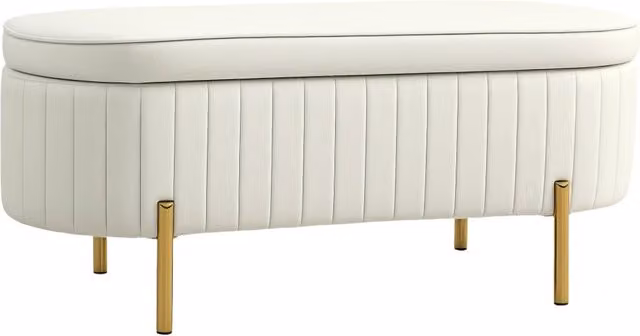 Panca contenitore Xylo con seduta imbottita in tessuto beige e gambe in metallo oro