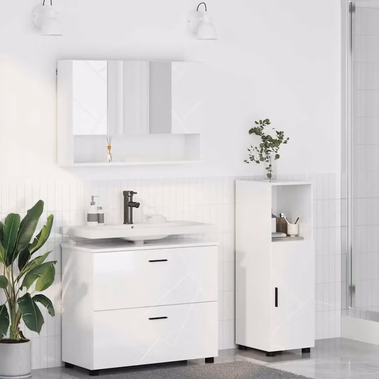 Set di mobili per il bagno moderno vidaXL in 3 pezzi Bianco Lucido L/P/H: 76,5 x 35 x 64 cm