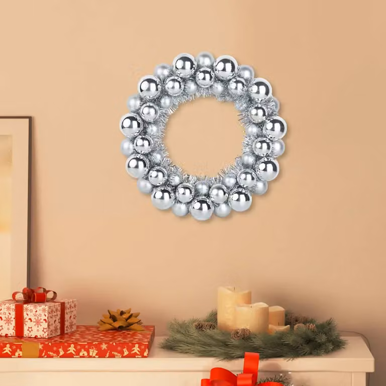 Set di 2 corone di palline di Natale vidaXL in plastica, colore argento, L 33 x P 33 x H 7 cm