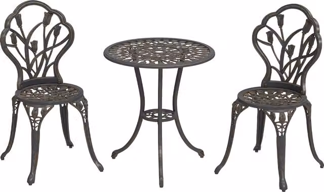 Set da esterno Outsunny composto da 2 sedie da giardino e 1 tavolo rotondo con foro per ombrellone in alluminio color bronzo