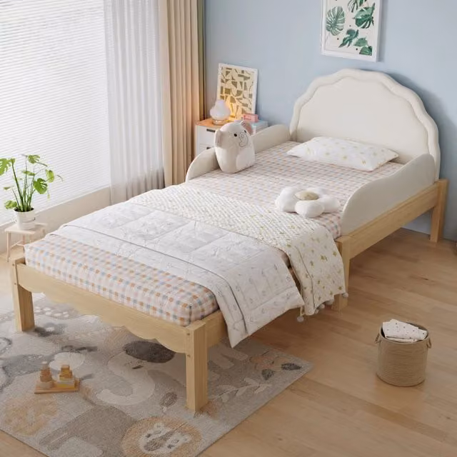 Letto per bambini OKWISH in legno beige con barriere di sicurezza e testiera imbottita L/P/H: 207 x 90 x 98 cm