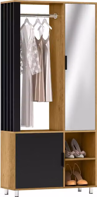 Armadio moderno HOMCOM con ante in vetro, specchio e asta appendiabiti, realizzato in legno, colore nero e marrone