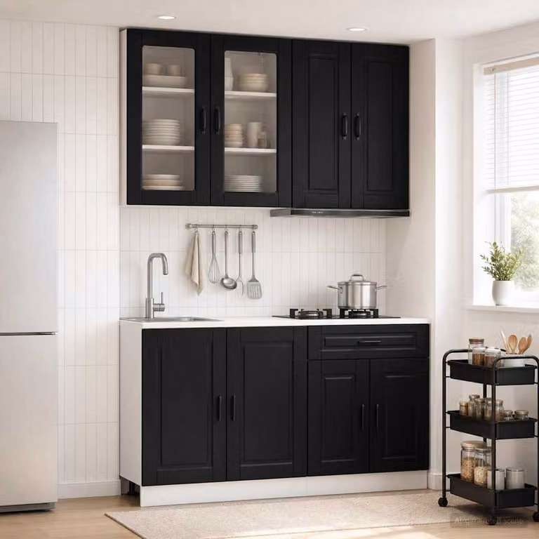 Set di unità cucina moderna vidaXL PORTO composto da 4 pezzi in MDF nero opaco con ante in vetro e cassetti