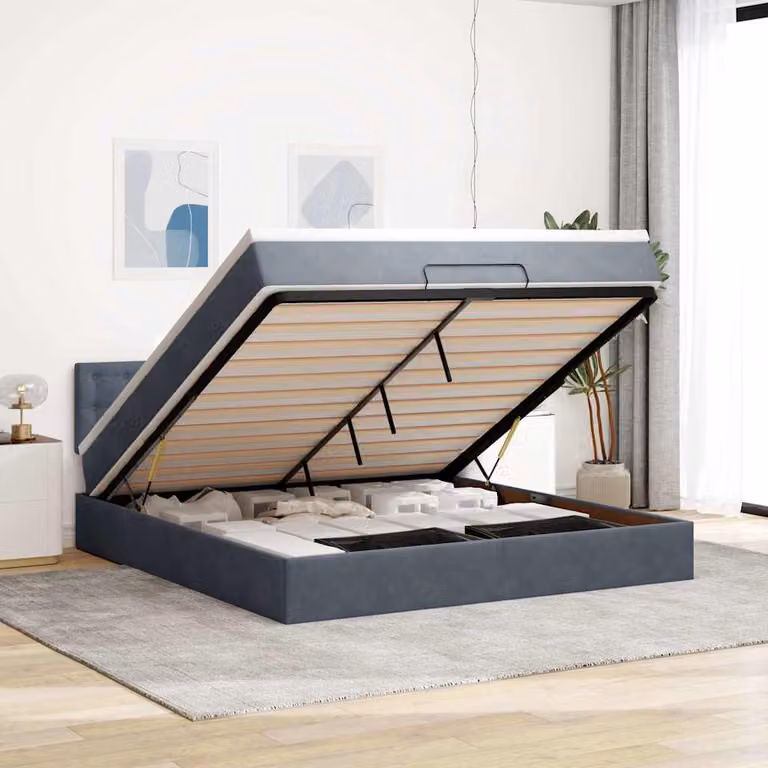Struttura Letto con Materasso e Contenitore a Sollevamento vidaXL in Velluto Grigio e Bianco L: 160 cm, P: 200 cm, H: 280 cm