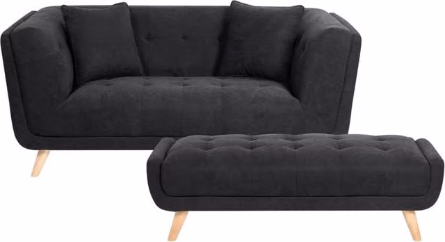 Divano a due posti BELIANI in tessuto nero con poggiapiedi coordinato e cuscini decorativi stile retrò L: 176 cm, P: 78 cm, H: 72 cm
