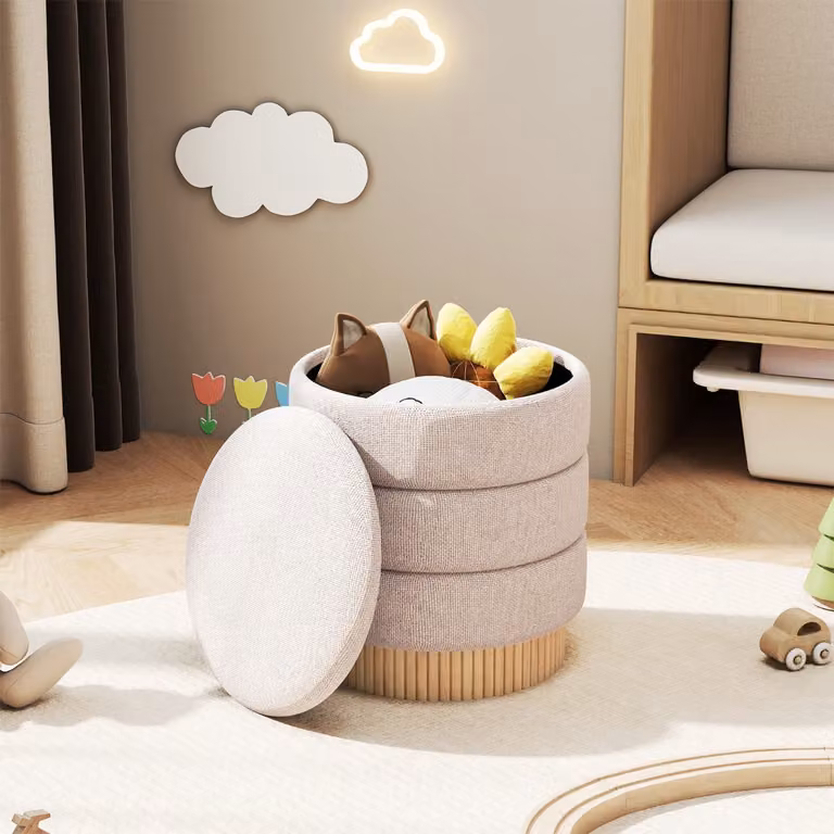 Pouf contenitore moderno Costway rotondo beige con coperchio rimovibile e base in legno