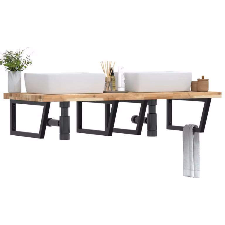 vidaXL Ripiano a Parete per Lavabo in Acciaio e Legno di Acacia, Nero e Marrone, L: 60 cm