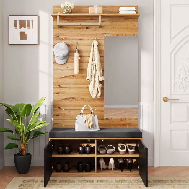 Set di mobili da ingresso MIVRAY moderno in legno nero e marrone con scarpiera a due ante, specchio, seduta imbottita e ganci