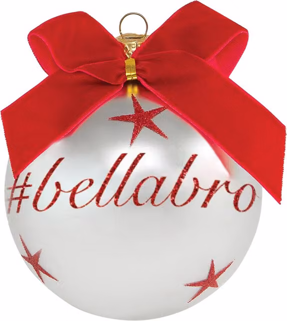 Pallina di Natale Kasanova in vetro con scritta bellabro, colori argento, rosso e bianco, diametro: 10 cm