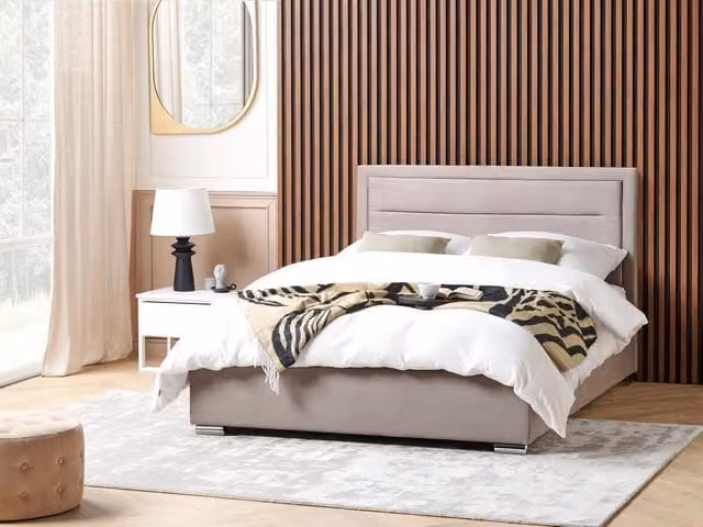 Letto matrimoniale Beliani in velluto beige con contenitore e design moderno L/P/H: 160 x 200 x 111 cm