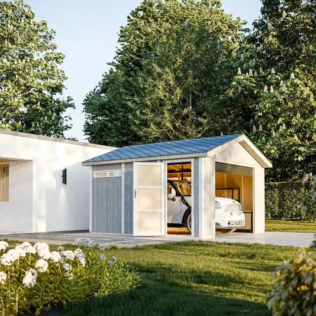 Garage Timbela M990B grigio per moto, biciclette e attrezzi da giardino con pannelli LP Smartside, L: 378 cm, P: 412 cm