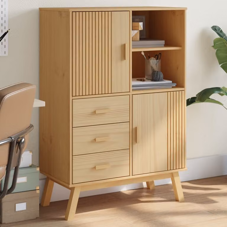 vidaXL Credenza OLDEN in Legno di Pino Massello, Marrone e Beige, Stile Rustico, L: 85 cm, P: 43 cm, H: 125 cm
