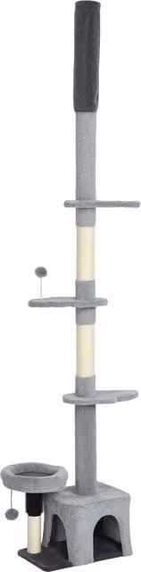 Albero per gatti PawHut regolabile da pavimento a soffitto, torre a più livelli con rivestimento in peluche, grigio, Altezza: 225-255 cm