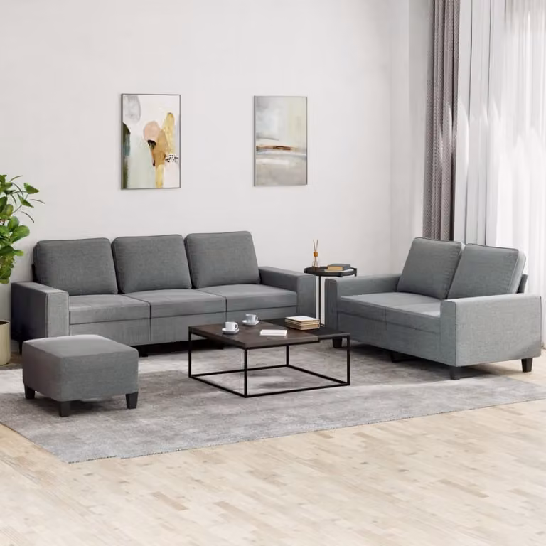 Set di divani 3 pezzi vidaXL in tessuto grigio con pouf e cuscini per soggiorno moderno