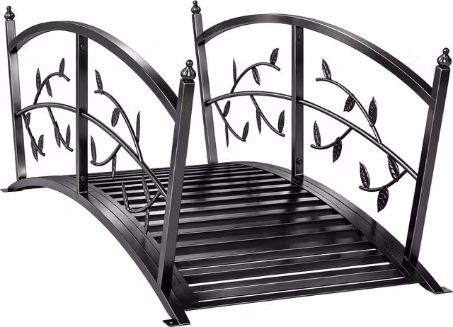 Ponte da giardino decorativo Outsunny in metallo con design a foglie e ringhiere di sicurezza, Nero, L: 120 cm