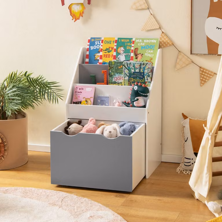 Scaffale per bambini Costway con 3 ripiani e contenitore per giocattoli, libreria moderna in MDF Grigio e Bianco