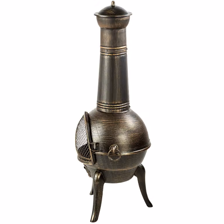 Chiminea TecTake GmbH in ghisa e acciaio grigio con base in legno L: 52 cm, P: 44 cm, H: 115 cm