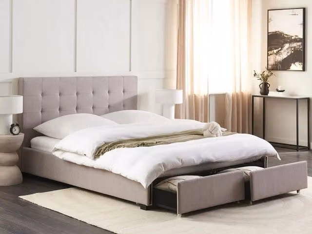 Letto contenitore matrimoniale Beliani imbottito in tessuto grigio con cassetti L/P/H: 160 x 200 x 28 cm