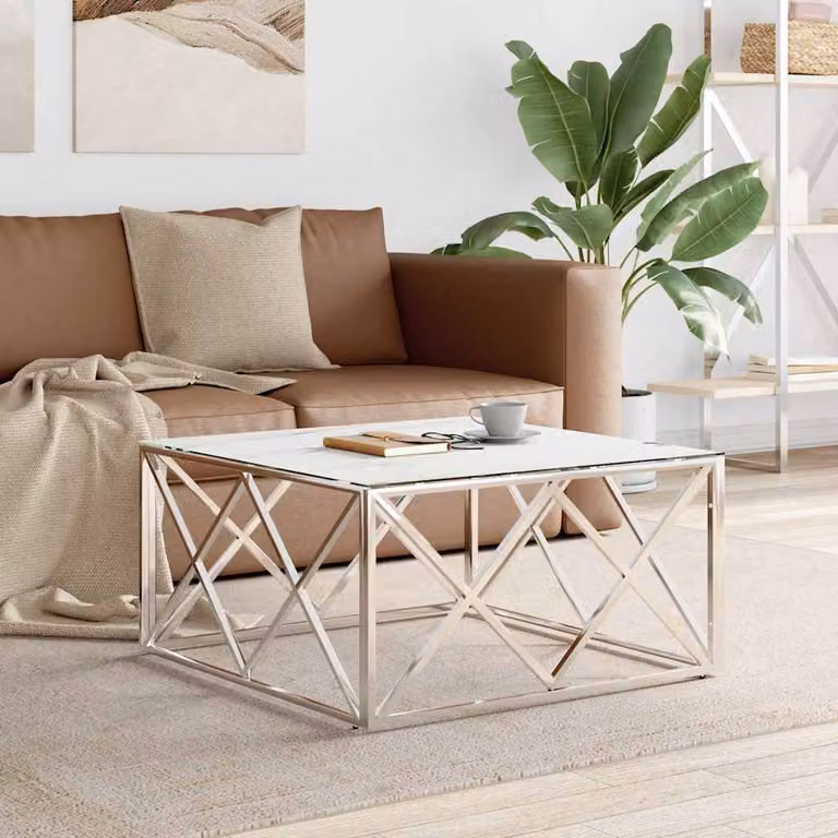 vidaXL Tavolino da Salotto Moderno Quadrato in Vetro e Metallo Argento e Bianco L/P/H: 80 x 80 x 40 cm