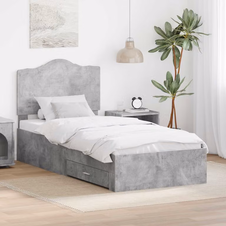 Struttura del letto con cassetto vidaXL in legno ingegnerizzato, Grigio cemento, L/P/H: 90 x 190 x 100 cm