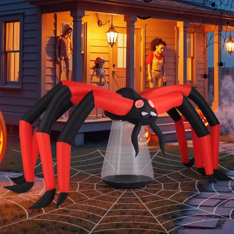 Ragno gonfiabile spaventoso per giardino Halloween Costway con occhi illuminati a tunnel rossi, Nero e rosso