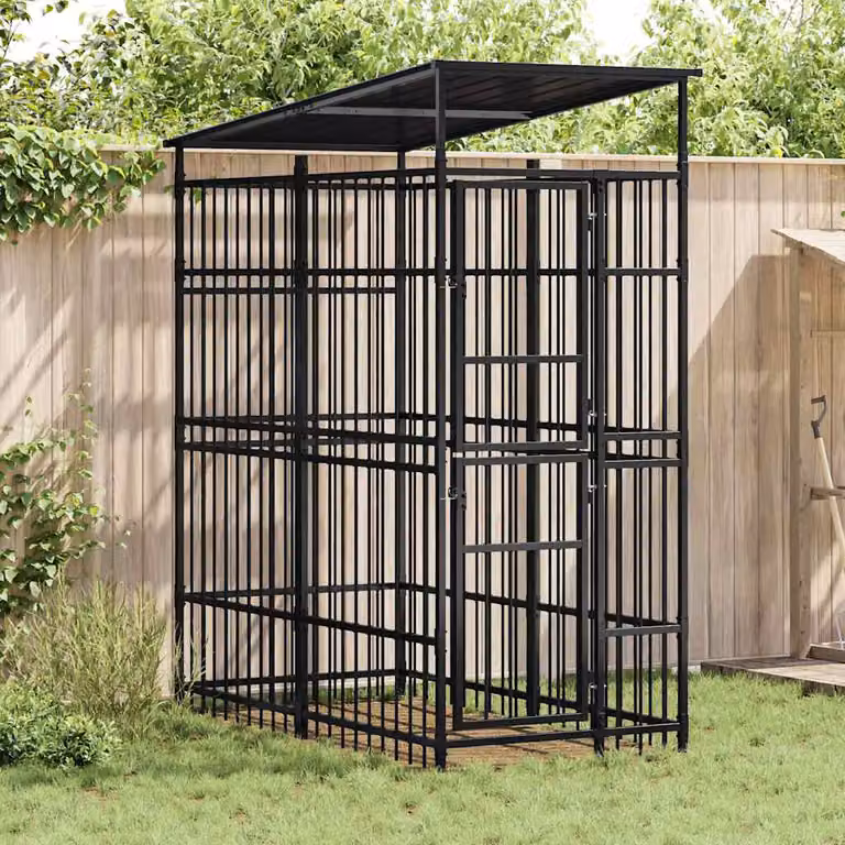 Gabbia per cani da esterno vidaXL in metallo nero con tetto resistente alle intemperie