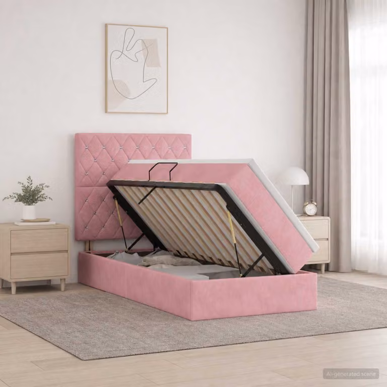 Letto con contenitore e materasso vidaXL in velluto rosa, L/P/H: 90 x 190 x 128 cm