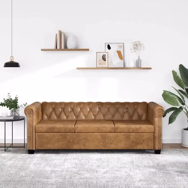 Divano Chesterfield a 3 Posti VIDAXL in Finta Pelle Marrone con Struttura in Legno Massello L: 200,5 cm, P: 76,0 cm, H: 70,0 cm