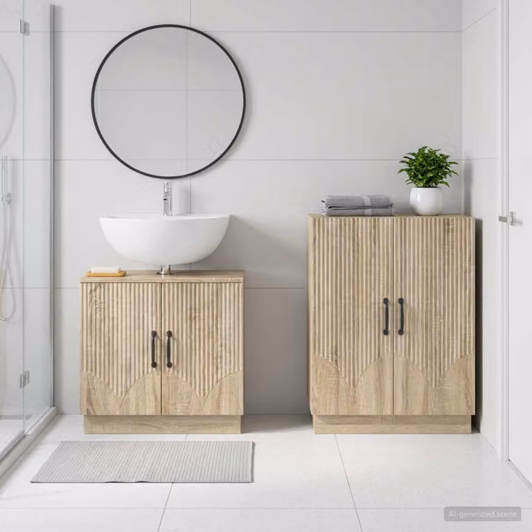 Set di mobili da bagno vidaXL HOORN composto da 2 pezzi in stile moderno, colore Rovere Sonoma, include mobile sottolavabo e mobiletto laterale