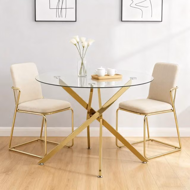 Tavolo da Pranzo Rotondo Minimal con Piano in Vetro Temperato Trasparente e Gambe Dorate L: 80 cm, P: 80 cm, H: 76 cm