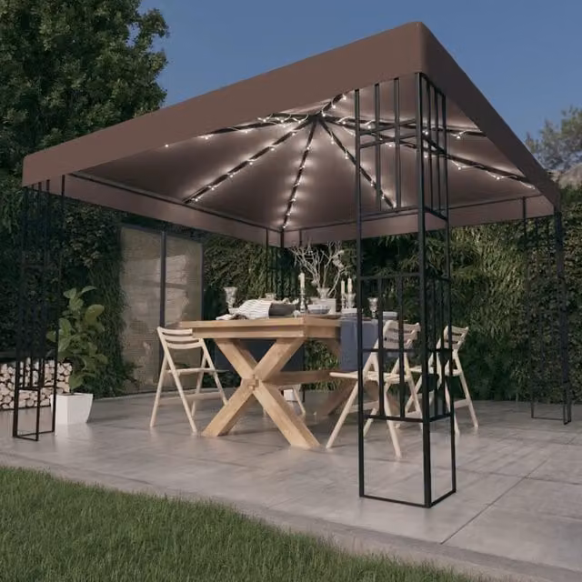 Gazebo Outsunny con Luci a Stringa LED Grigio e Nero L: 300 cm, P: 300 cm, H: 260 cm