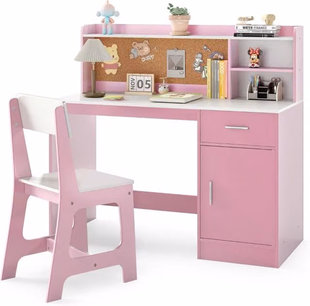 Set scrivania e sedia per bambini con mensole e cassetto, design moderno in rosa e bianco per camera da letto o asilo nido, L/P/H: 109.5 x 48.0 x 60.0 cm