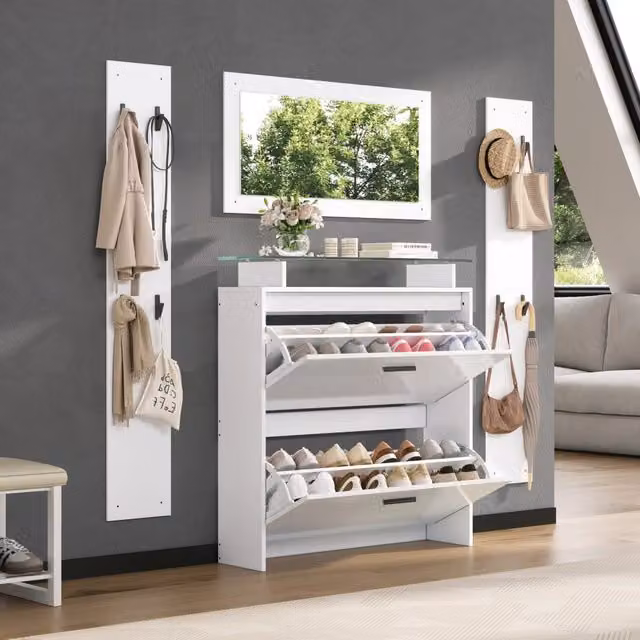 Set guardaroba da ingresso WISHDOR 4 pezzi moderno bianco lucido con specchio, scarpiera a 2 ante ribaltabili e ripiani in vetro, H: 140 x L: 80 x P: 37,15 cm