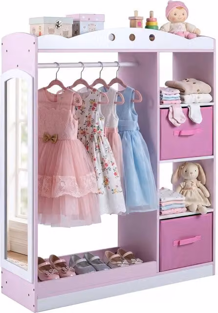 Guardaroba per bambini moderno con asta appendiabiti, 2 scaffali aperti e 2 cassetti pieghevoli, Rosa e Bianco