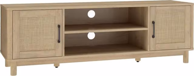 Mobile TV HOMCOM in rovere con ante in rattan e scomparti aperti, L 135 x P 39 x H 45 cm
