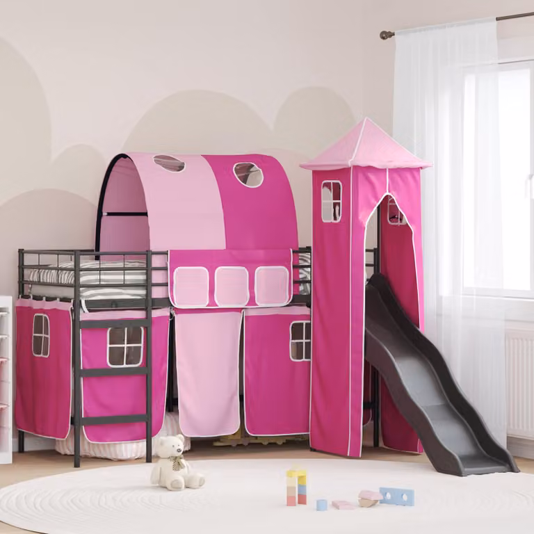 Letto a castello moderno vidaXL per bambini in metallo con struttura a casetta e scala, disponibile nei colori nero, rosa o blu, L/P/H: 200 x 100 x 194 cm