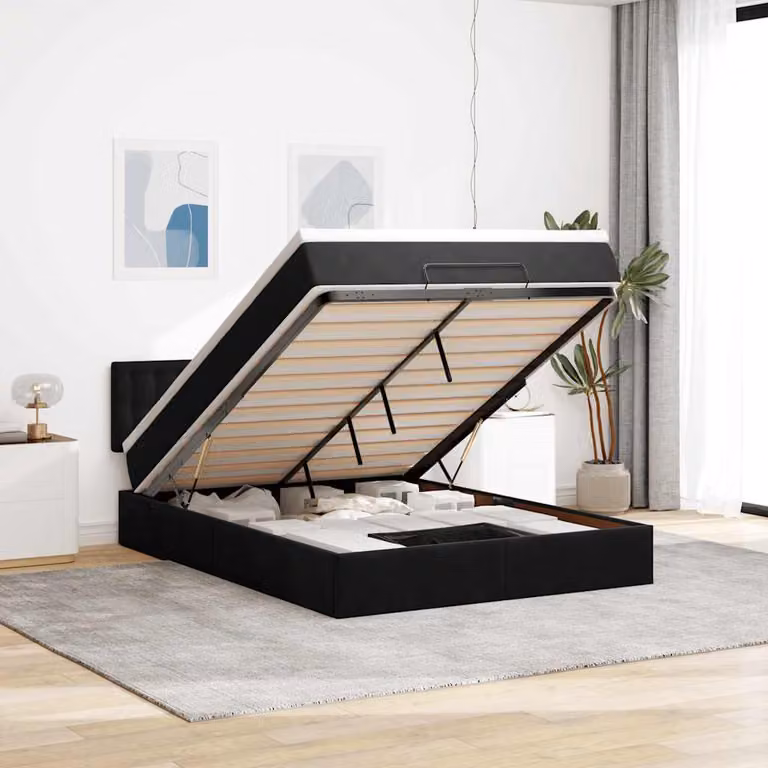 Letto con contenitore e materasso vidaXL in velluto nero con base a sollevamento, luci sotto il letto e porte USB, L/P/H: 193 x 144 x 88 cm