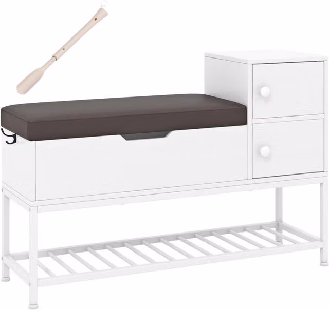 Panchina da ingresso DESIGN IN con porta scarpe, vano a ribalta e 2 armadietti, rivestimento in ecopelle bianca e struttura in MDF, metallo e plastica