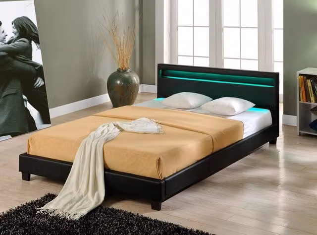 Letto Francese Imbottito Corium Nero con Testiera Alta, Illuminazione LED e Cassetti L/P: 140 x 200 cm