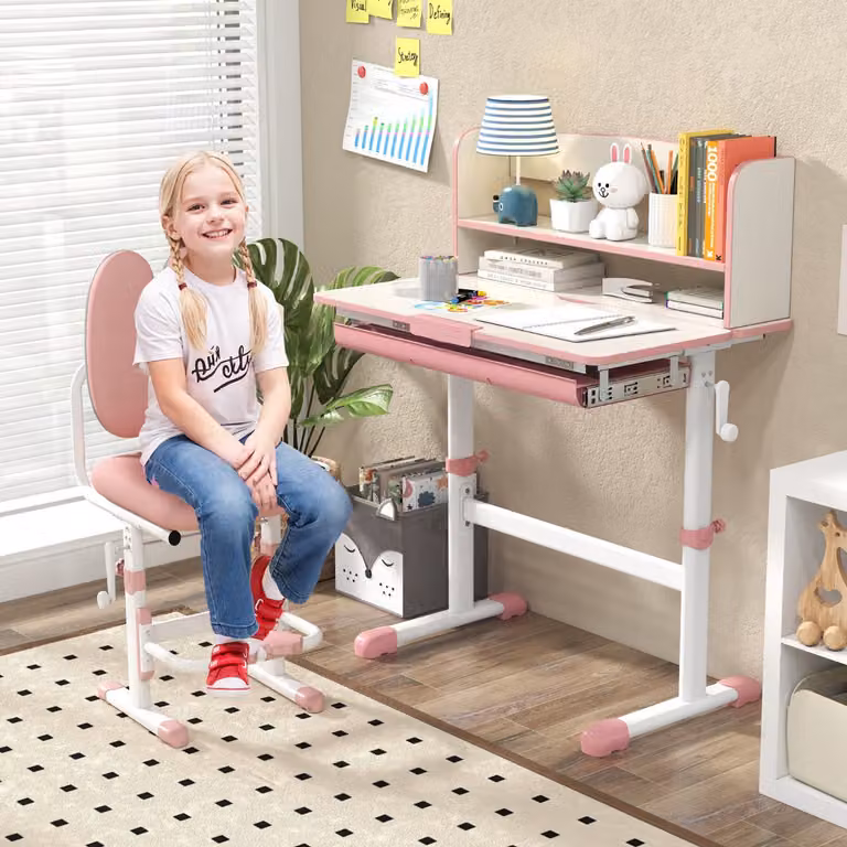 Scrivania da studio Costway per bambini con piano inclinabile e altezza regolabile, Rosa