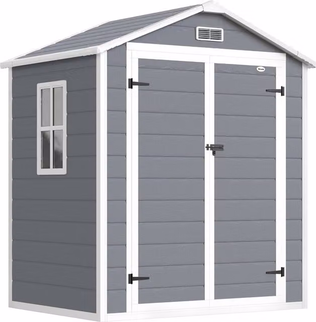 Casetta da Giardino Outsunny con Doppia Porta con Serratura e Finestra, Capanno per Attrezzi in Alluminio e PP, Grigio