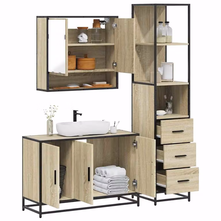 Set di mobili da bagno industrial vidaXL in legno e metallo composto da 3 pezzi con illuminazione LED, colore marrone e beige