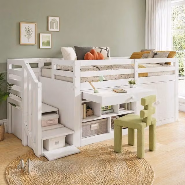 Letto multifunzionale Mivray per bambini con cassetti trasformabili in scrivania e scale, colore bianco