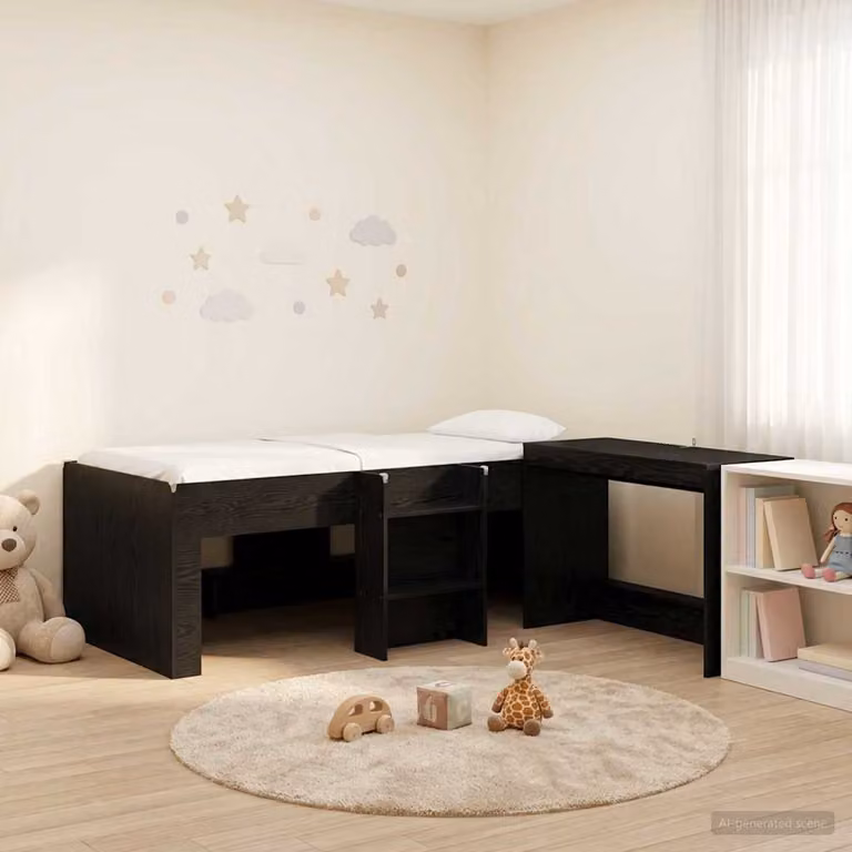 Letto alto per bambini vidaXL con scrivania e scale, colore Nero e Rovere, L/P/H: 190 x 90 x 193 cm
