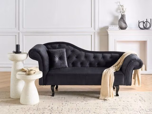 Chaise Lounge BELIANI in velluto nero con cuscino, stile retrò classico, lato sinistro, L/P/H: 192 x 59 x 81 cm