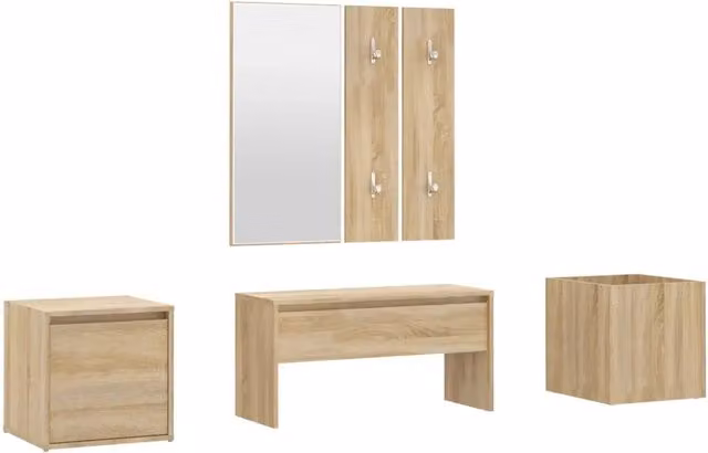 Set di Mobili da Corridoio Moderno in Legno Rovere con Panca, Specchio, Pannello e Scarpiera, Colore Marrone, L/P/H: 110 x 30,5 x 80 cm